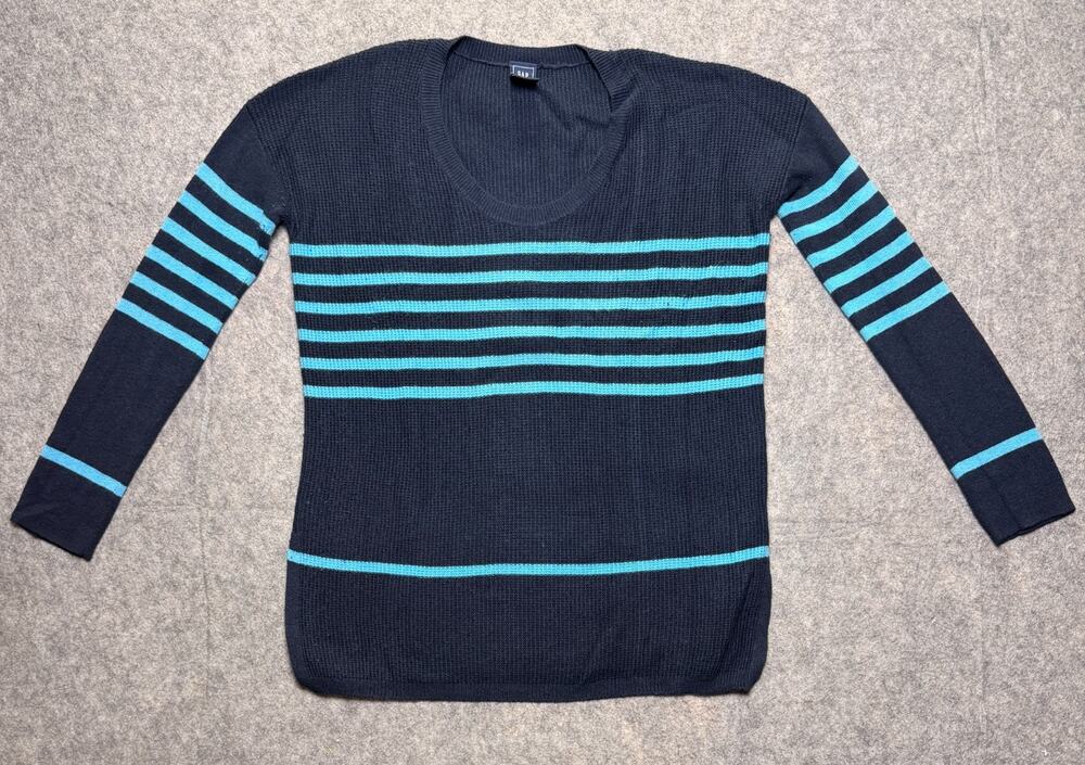 Gap Womens Size M Navy Blue Striped Waffle Knit Scoop Neck Wool Blend Sweater